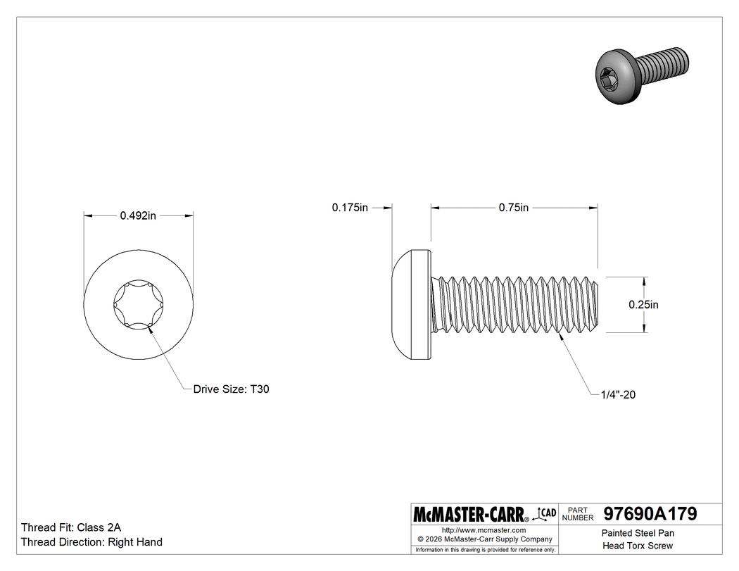 Technical Drawing of Painted Steel Pan Head Torx Screw, with Black Head, 1/4"-20 Thread Size, 3/4" Long.